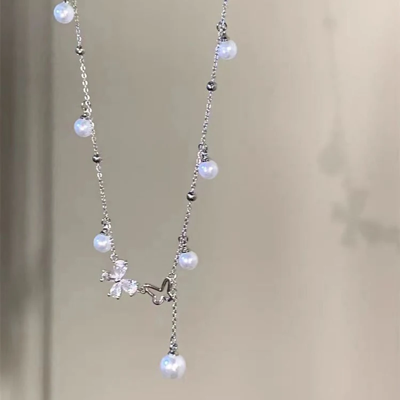 Elegante blaue Zirkon-Metall-Muschel-Kette für Frauen, einzigartiges Design, leichte Luxus-Schmetterlings-Herz-Halskette, Freundschaftsschmuck – Detail 22