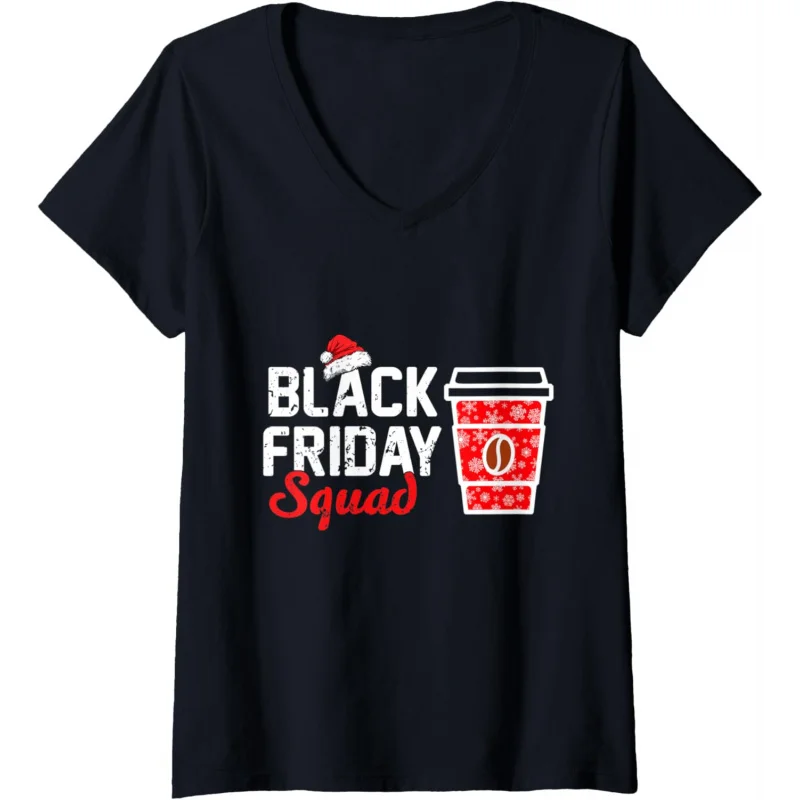 T-shirt à col en V Black friday pour femmes, équipe de shopping, café, haut de Noël intéressant