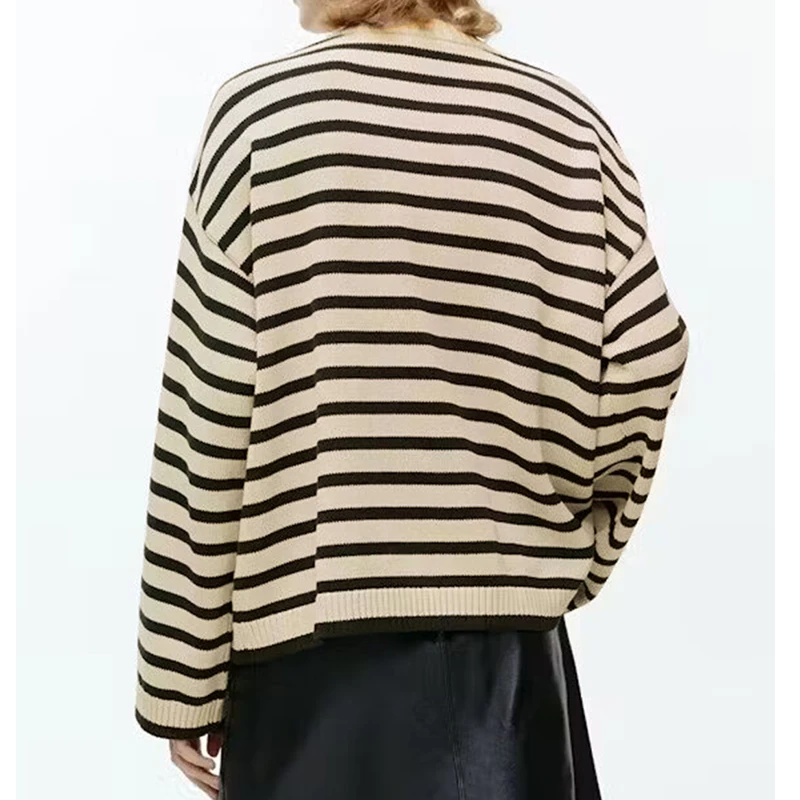 Women's Black Striped Shoulder Button Cropped Knitted Sweater Long Sleeve Autumn Winter Casual Loose Fit Daily Fashion Pullover