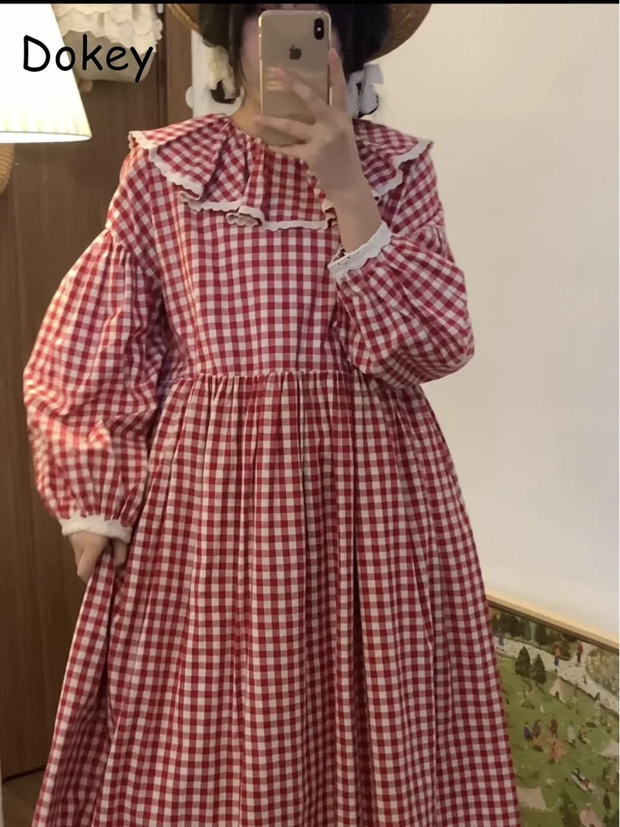 Vintage Plaid Cotton Linen Long Dresses Women Japanese Casual O-Neck Loose Full Sleeve Midi Dress Female Beach Holiday Vestidos