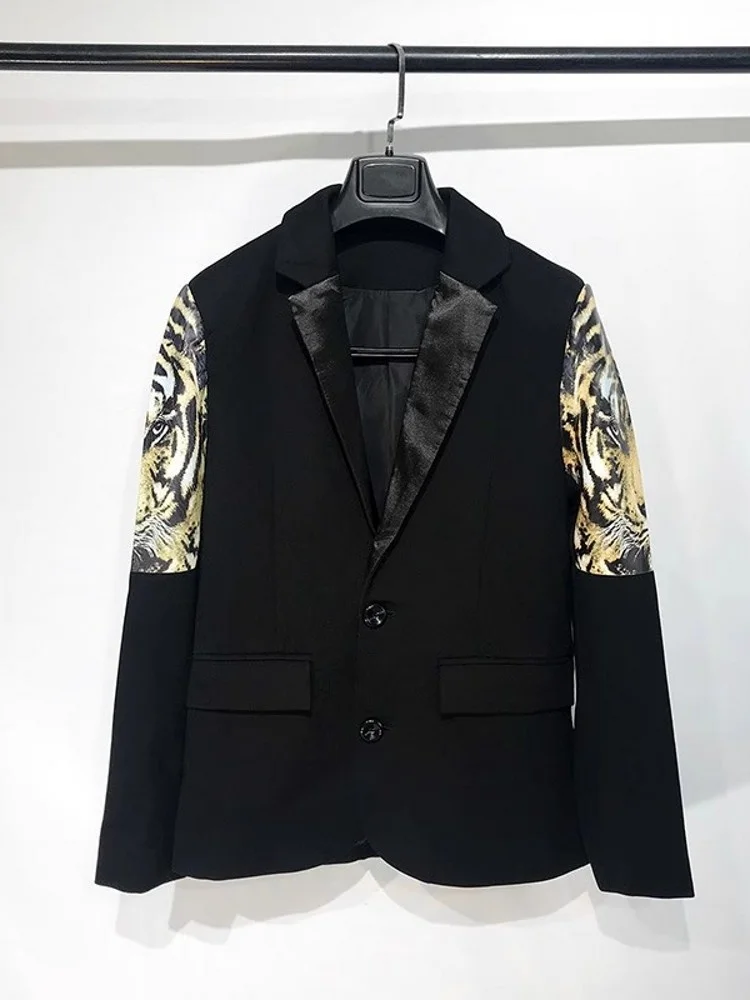 Runway Mens Tiger Pu Leather Patchwork Stage Show Casual Blazer Jacket Slim Fit Single Breasted Party Suit Coat Autumn Outerwear