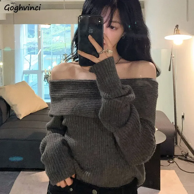 

Pullovers Women Off Shoulder Solid Slash Neck Hotsweet Casual Slim Autumn All-match Knitting Stylish Ulzzang Cozy Elegant Female