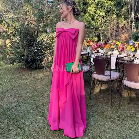 Strapless Chiffon Evening Dress Elegant A-Line Prom Gown with Bow Customize