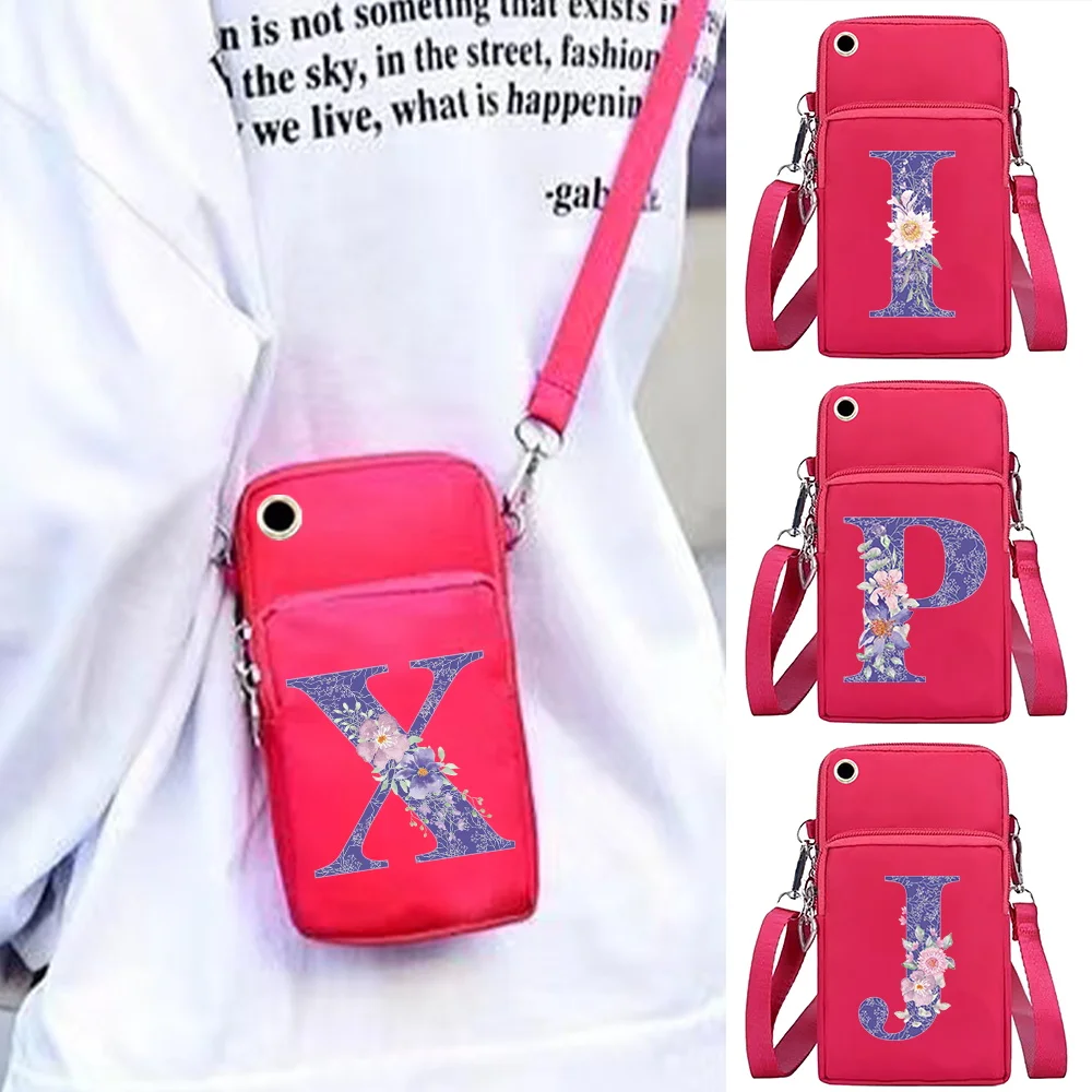 Mobile Phone Bag Wallets Women Crossbody Bags Wrist Pack Purple Flower Print Handbag for Apple/Huawei Cell Phone Storage Packet