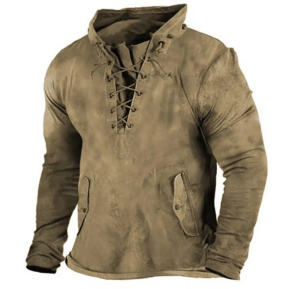 Cross Lace-up Drawstring Men Hoodie Autumn Winter Training T-shirt Sweatshirt Retro Pure Color Loose Pullover Men Sweatshirt - Image 5