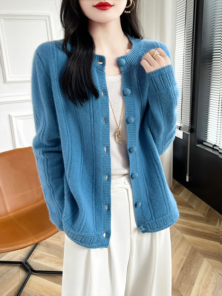 2024 New Women's O-neck Button Cardigan 100% Merino Wool Sweater Autumn Winter Long Sleeve Cashmere Knitwear Female Fashion Coat