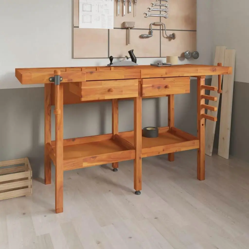 

Solid Wood Acacia Workbench with Drawers & Vices - 63.8x24.4x32.7 inches