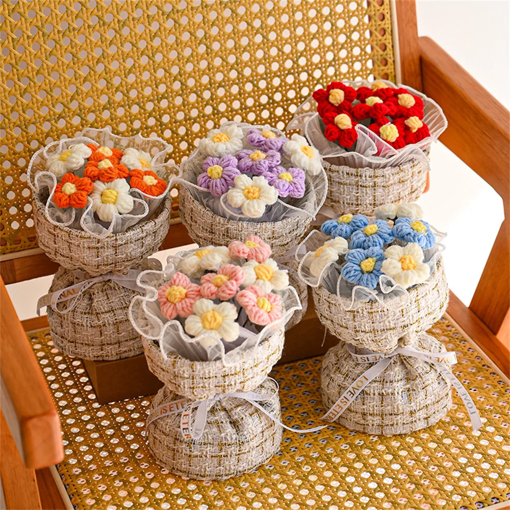 Simulation Puff Flowers Handmade Woven Finished Bouquet Creative Crochet Wool Knitted Flower Decor Birthday Valentine's Day Gift