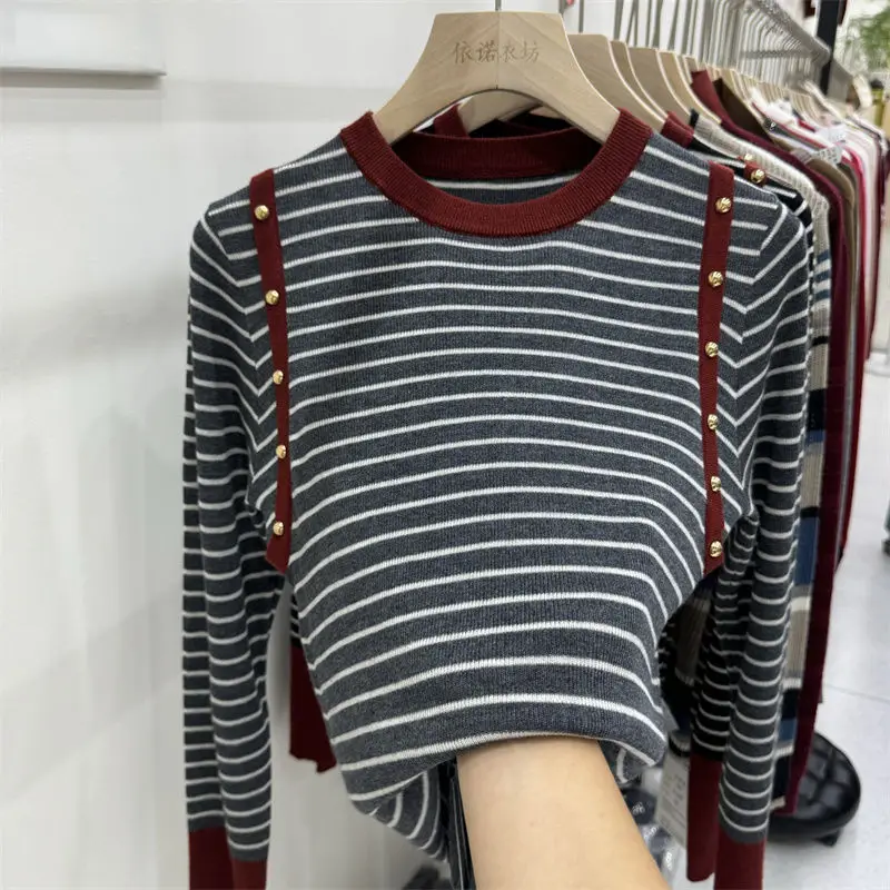 

Oversized Autumn Winter Korean Fashion Patchwork Striped O-neck Long Sleeve Pullovers Ladies Fashionable Buttons Knitting Tops