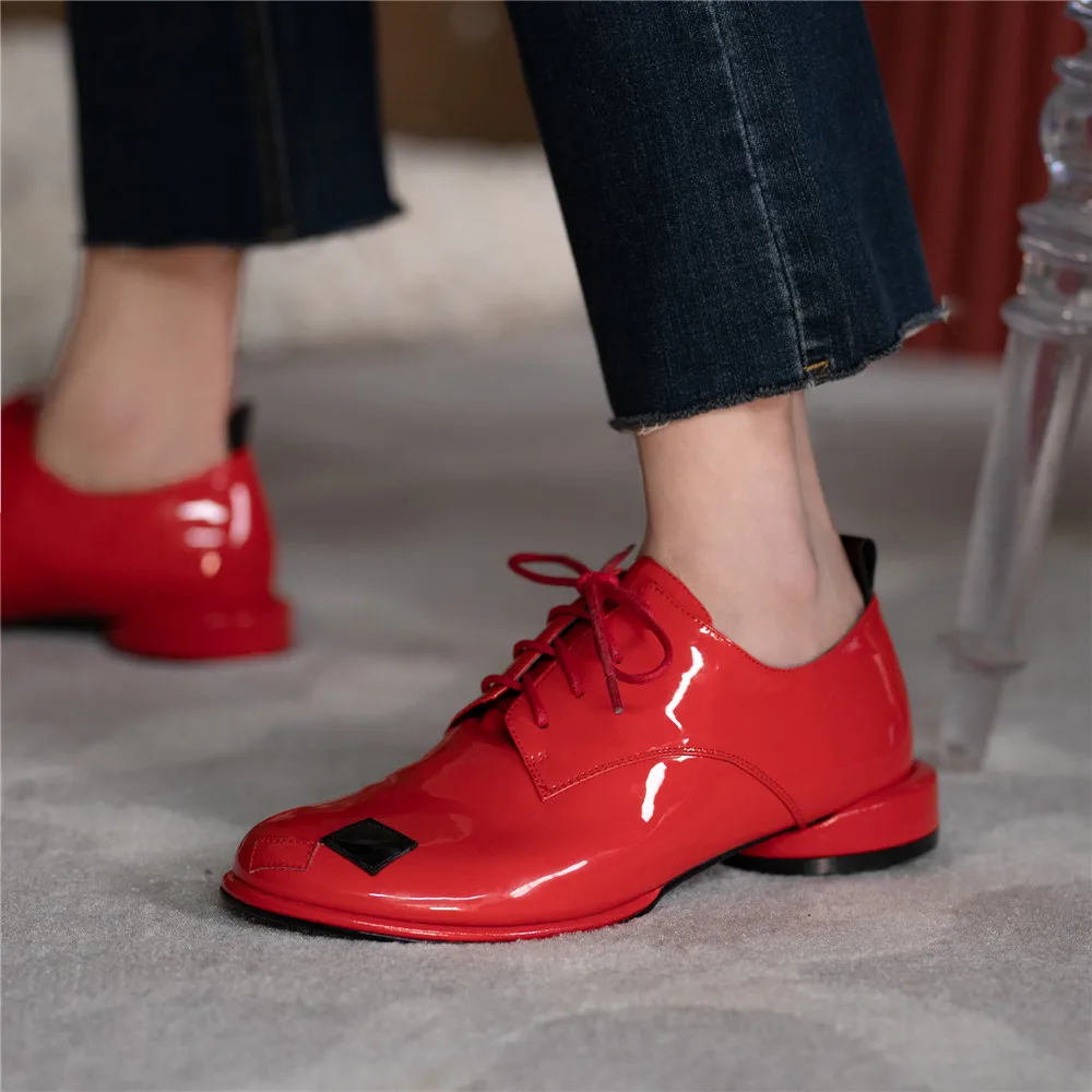 Aucegi Fashion Mixed Color Splicing Women Patent Leather Pumps Comfortable Round Toe Round Thick Heels Plus Size 34-43 Casual