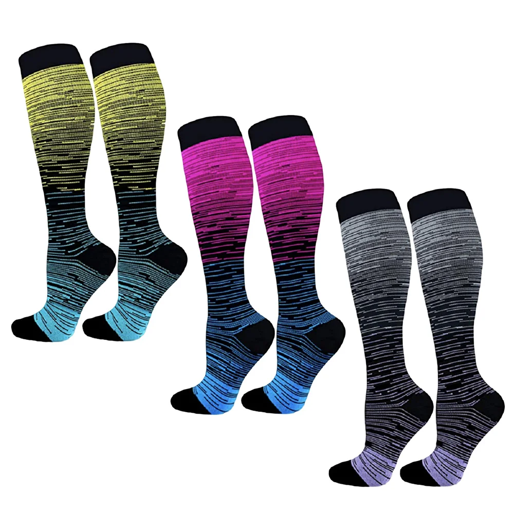 

3Pairs Compression Socks Long Nylon Gradient Color Sweat Absorbing Support Socks for Marathon Running Sports Pink Grey Yellow S