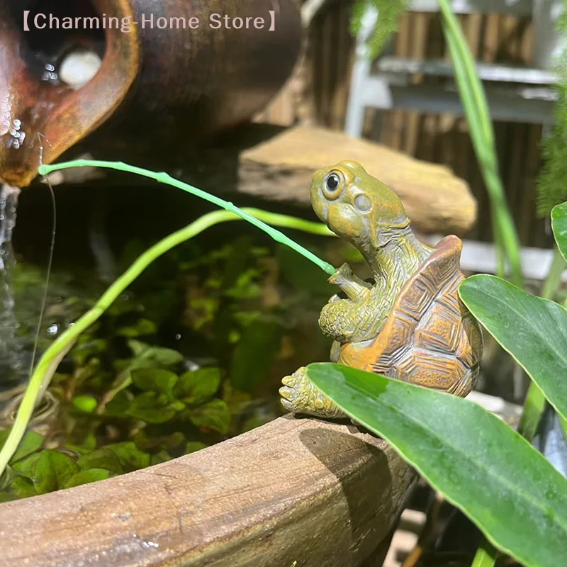 【M】Creative Rope Fishing Turtle Statue Cute Simulation Turtle Resin Figurine Animal Sculpture Ornament Outdoor Home Garden Decor