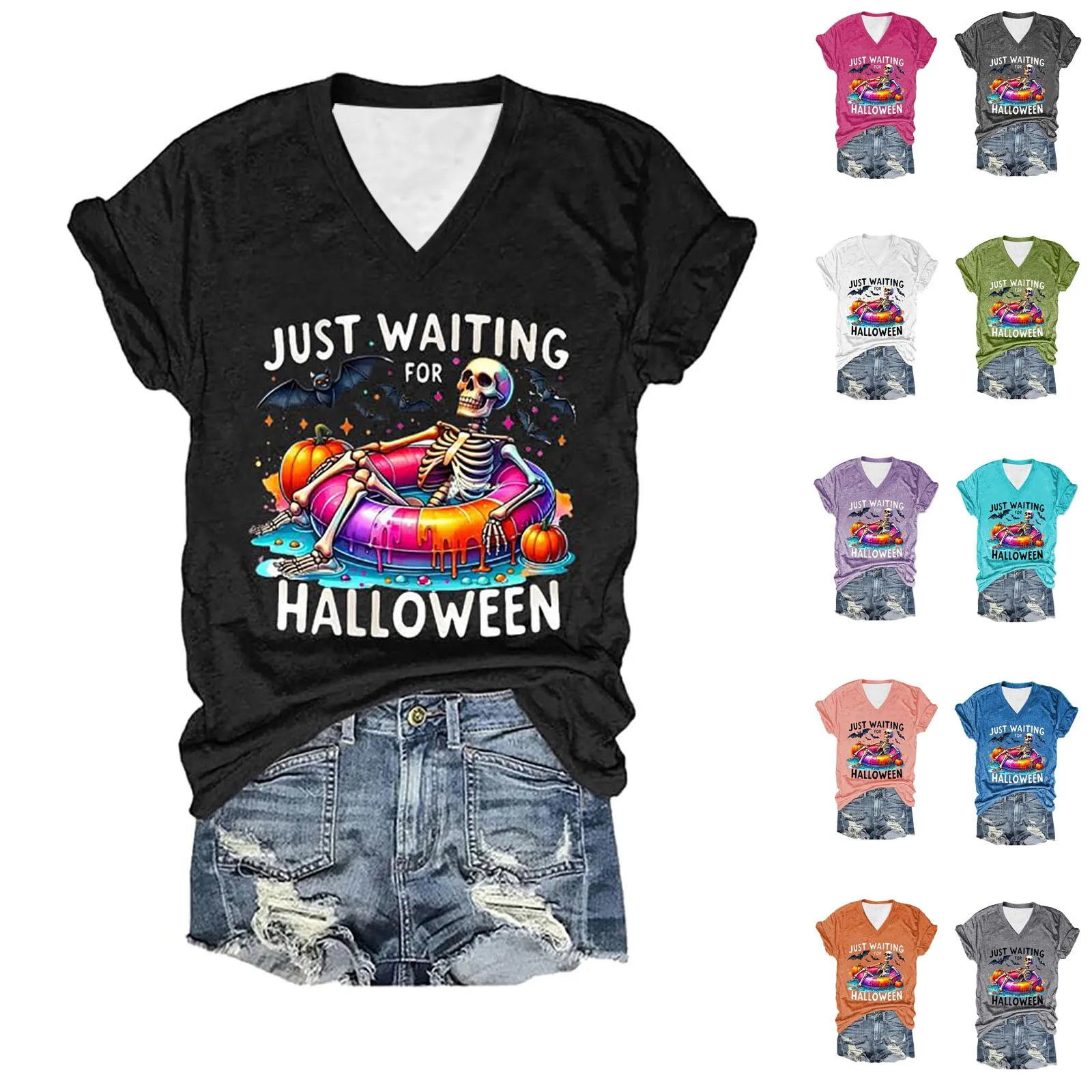 Just Waiting For Halloween Shirt Women V Neck Skeleton Printed Short Shirt Funny Tee Streetwear Casual T-Shirt Top 2024 New