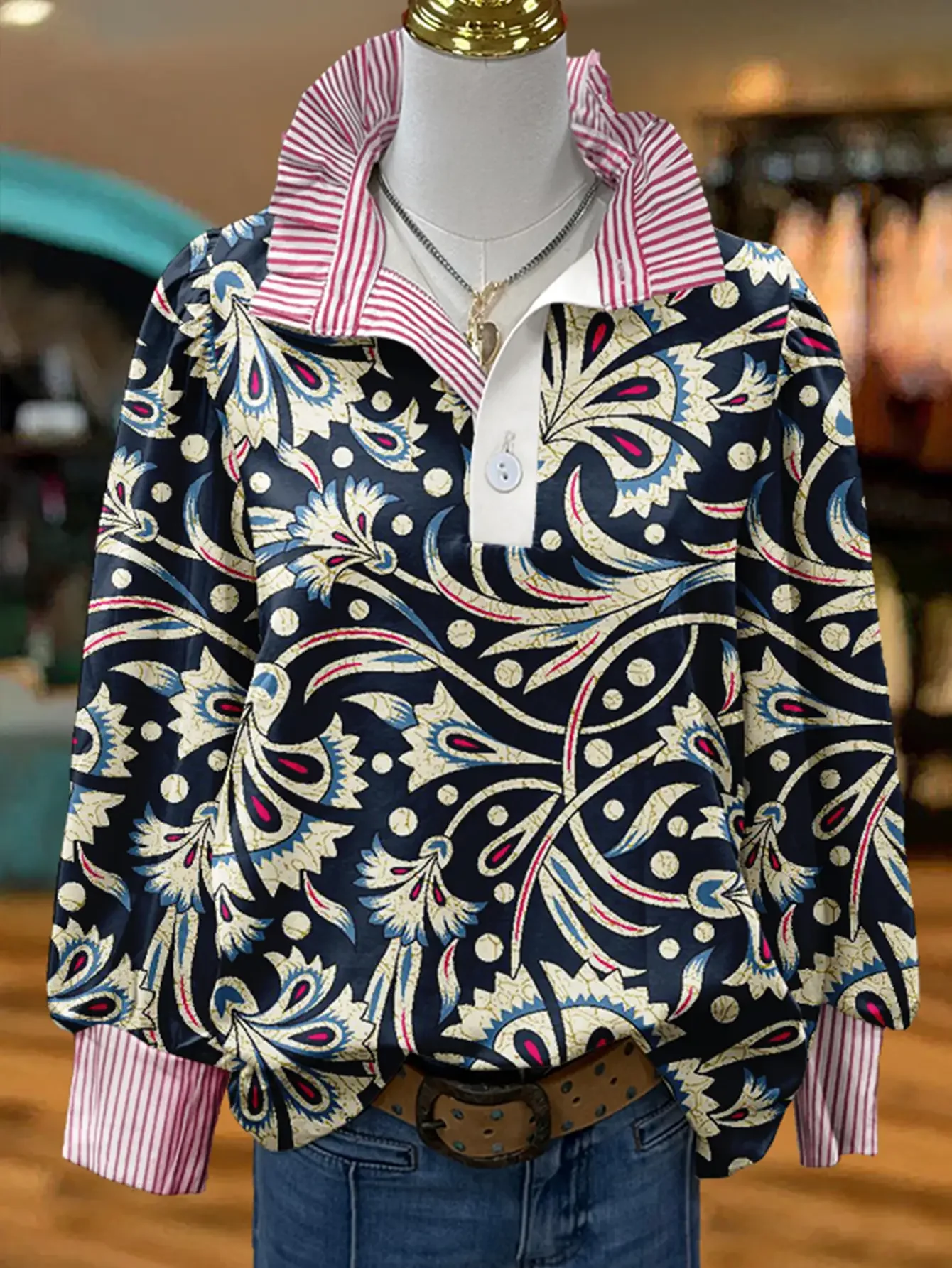 Ladies' Large Christmas Printed Stand up Collar Shirt (S-2XL) - Long Sleeve Style,