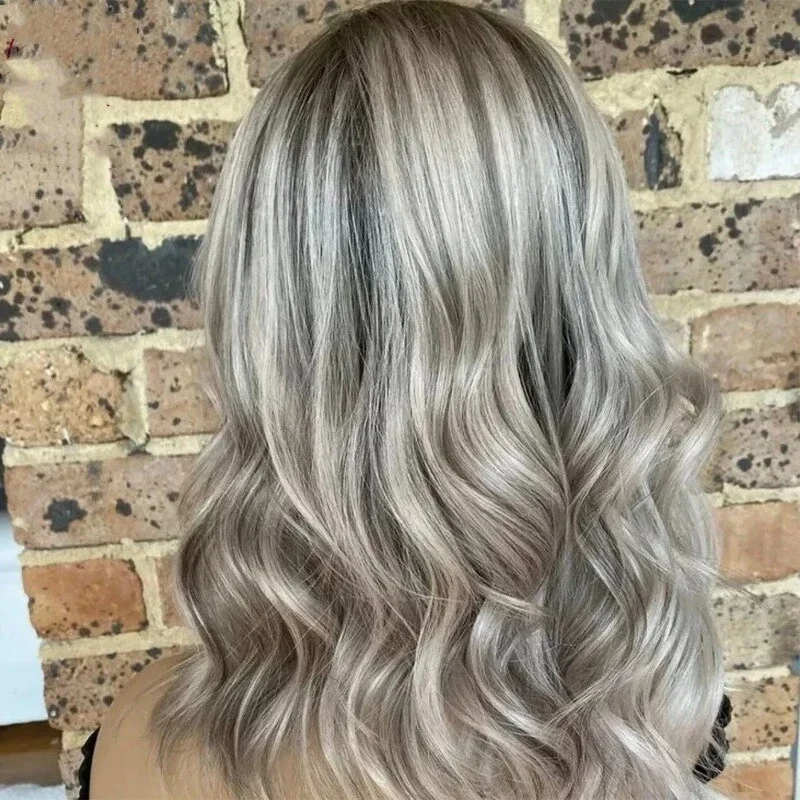 Short Balayage Silver Gray Highlight Wave Wigs Human Hair Lace Front Wigs