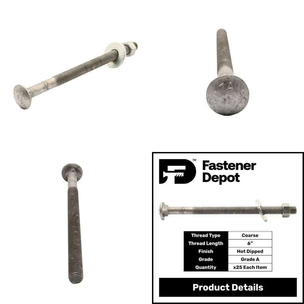 

Hot Dipped Galvanized Carriage Bolt Kit, 1/2 x 8 Inch, 25 Pack, with Flat Washers and Hex Nuts, Suitable for Exterior Applicatio