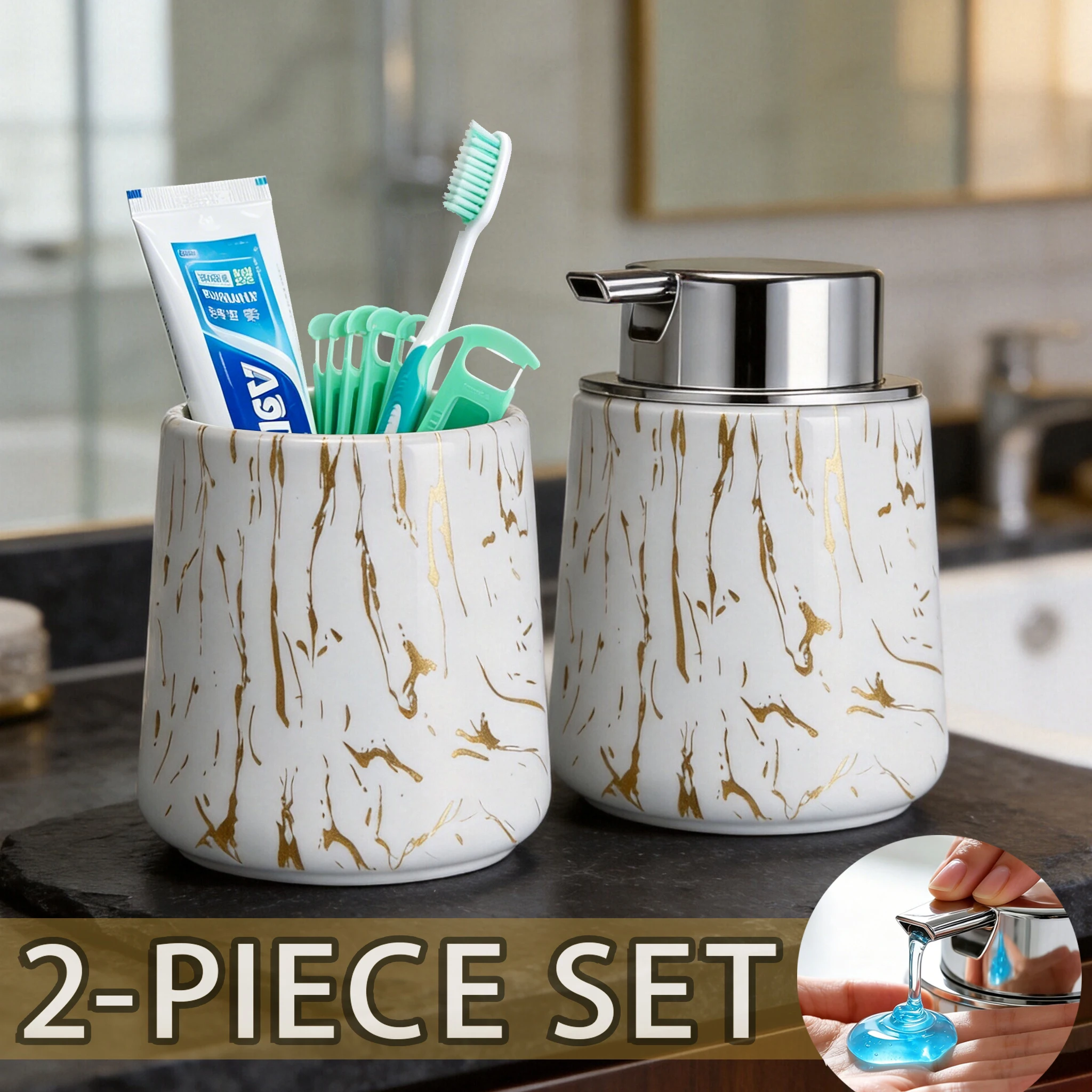 

2Pcs Bathroom Soap Dispenser and Toothbrush Holder Kitchen Dish Soap Dispenser & Organizer Cup, Elegant Dispenser for Home Decor