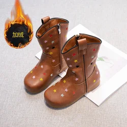 Children Brown Cowboy Boots Star Western Knee High Shoes Cowgirl Vintage Embroider Botte Girls Side Zipper Boot Winter