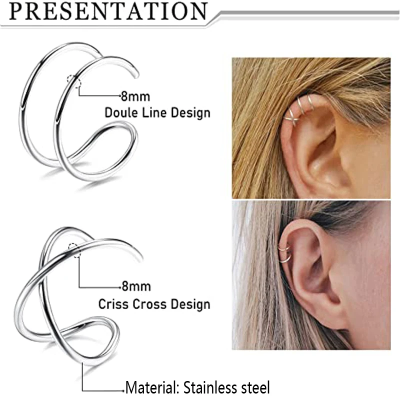 4 Pcs Stainless Steel Ear Cuff Criss Cross Double Lines Ear Cuffs Non Piercing Minimalist fake Helix Earcuff Cartilage Earring