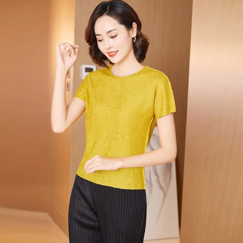 

Loose Fit round Ne T-irt Women's Summer Faion Slimming Pleated Top plus Size Polyester ort Sve Color