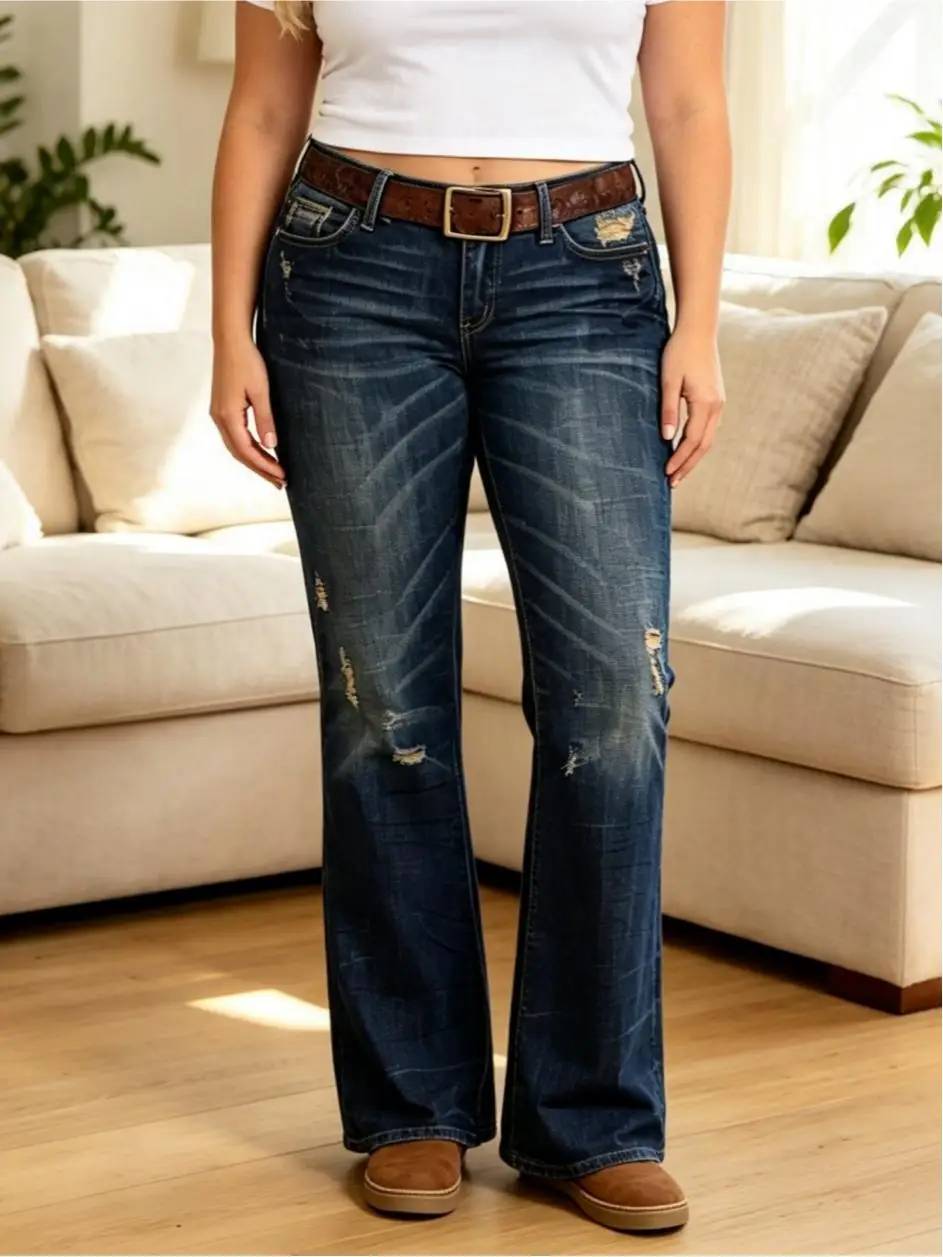 【HME】Jeans | Women Vintage Ripped Flare Denim Pants, Low‑rise Washed Jeans For Ladies, Distressed Cat Whisker Detail, Leg‑shaping, American Western Style For Daily Casual Outfits