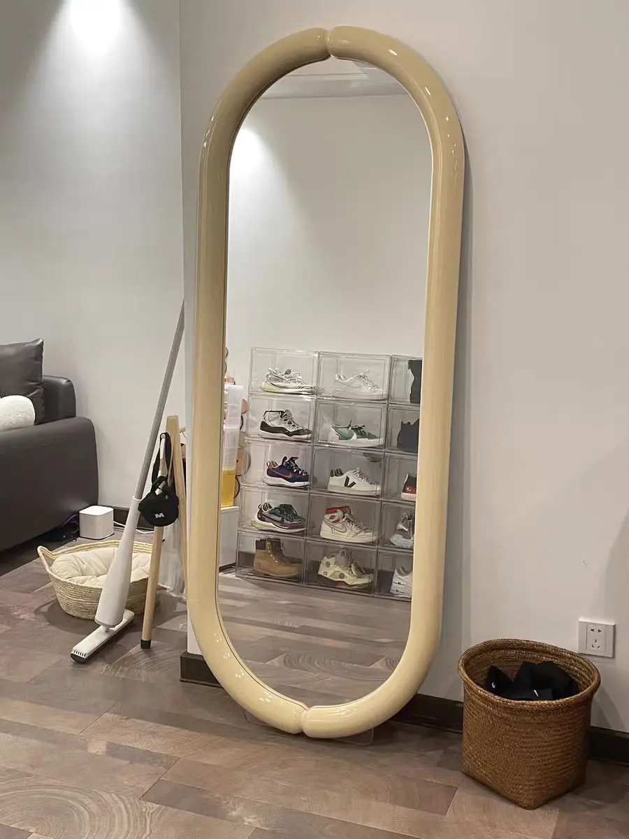 Oval shaped online celebrity home floor-to-ceiling full-length mirror art wall-mounted wooden fitting mirror against the wall