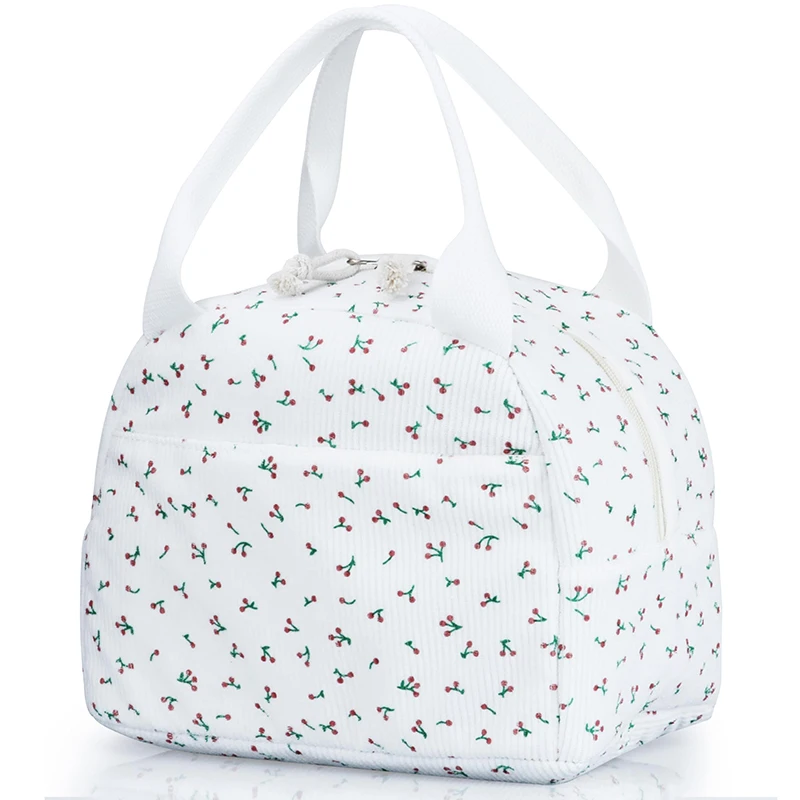 

Floral Pattern Lunch Bag Corduroy Insulated Tote, Cute Thermal Food Carrier with Front Pocket,Lightweight Cooler Bag for Work