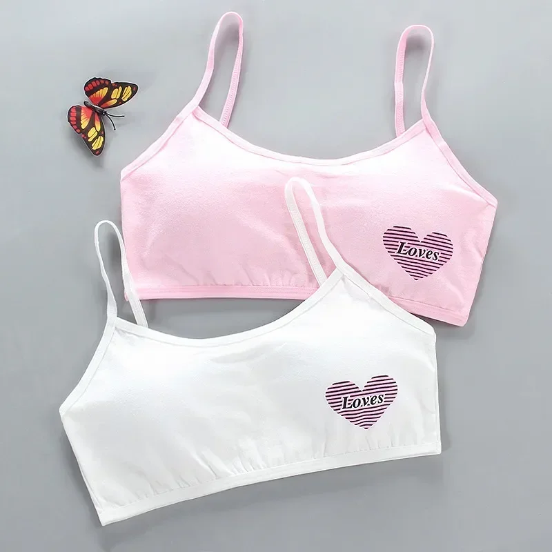 2PC Young Girls Bra Cute Cotton Topic Teenage Training Underwear Natural Sling Fahsion Vest