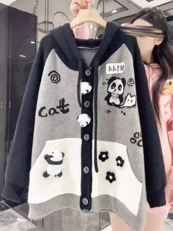 

Extra Large 300 Pounds Color Block Panda Knitted Jacket Women's Autumn Winter Design Sense Youthful Hooded Open Cardigan