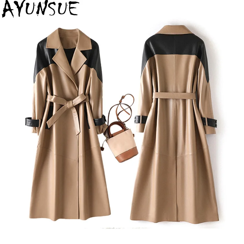 AYUNSUE 진짜 양피 정품 가죽 자켓 여성 2025 여성을위한 긴 트렌치 코트 자켓 가을 옷 새로운 Jaqueta De Couro