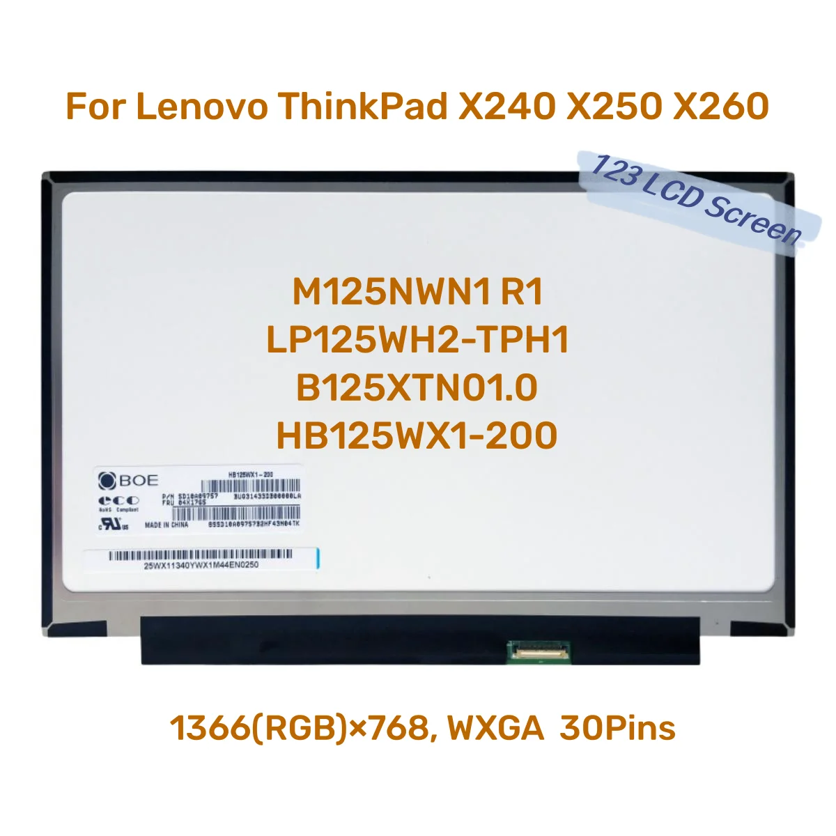 

12.5" Laptop LCD Screen M125NWN1 R1 Fit LP125WH2-TPH1 B125XTN01.0 HB125WX1-200 For Lenovo ThinkPad X240 X250 X260 1366x768 30pin