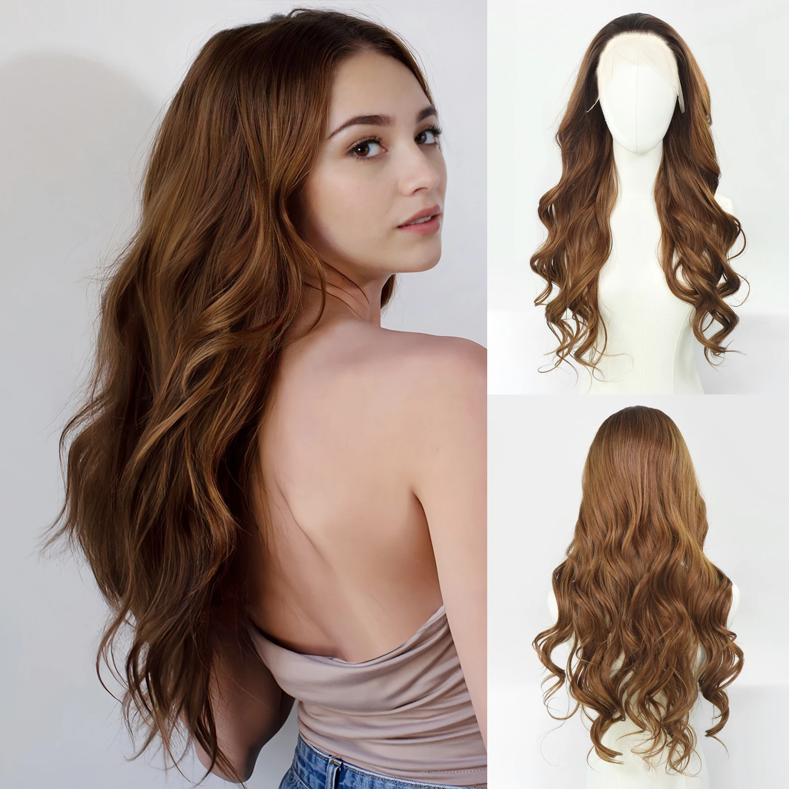 

24-дюймовые женские коричневые длинные вьющиеся волнистые синтетические парики спереди с темными корнями, предварительно выщипанные волосы, 13x4 дюйма, кружевной фронтальный парик