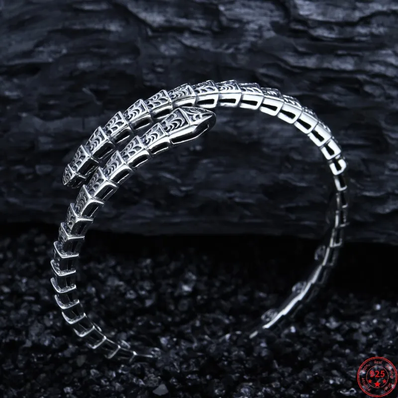 

S925 Sterling Silver Bracelets for Women Men Fashion Eternal Vine Totem Snake-shaped Bangle Argentum Amulet Punk Jewelry