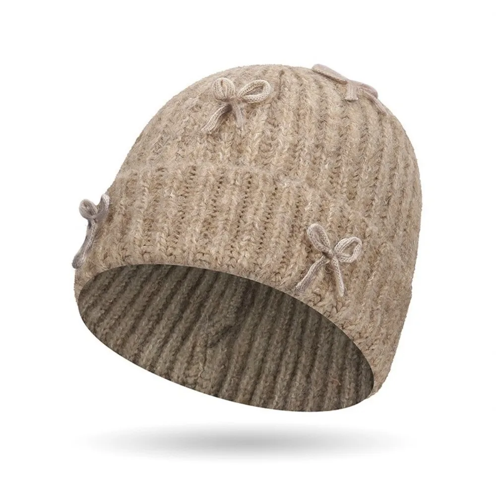 

Толстая вязаная шапка-бини в стиле ретро с бантом, теплая шерстяная пуловерная шапка в корейском стиле, однотонная корейская милая шапка с бантом, зимняя шапка