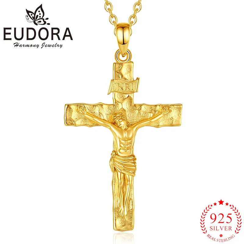 

Подвеска-крест Eudora с распятием, стерлинговое серебро 925 пробы, 18-каратное золото, ожерелье с изображением Иисуса, христианский амулет, ювелирное изделие, подарок для мужчин и женщин