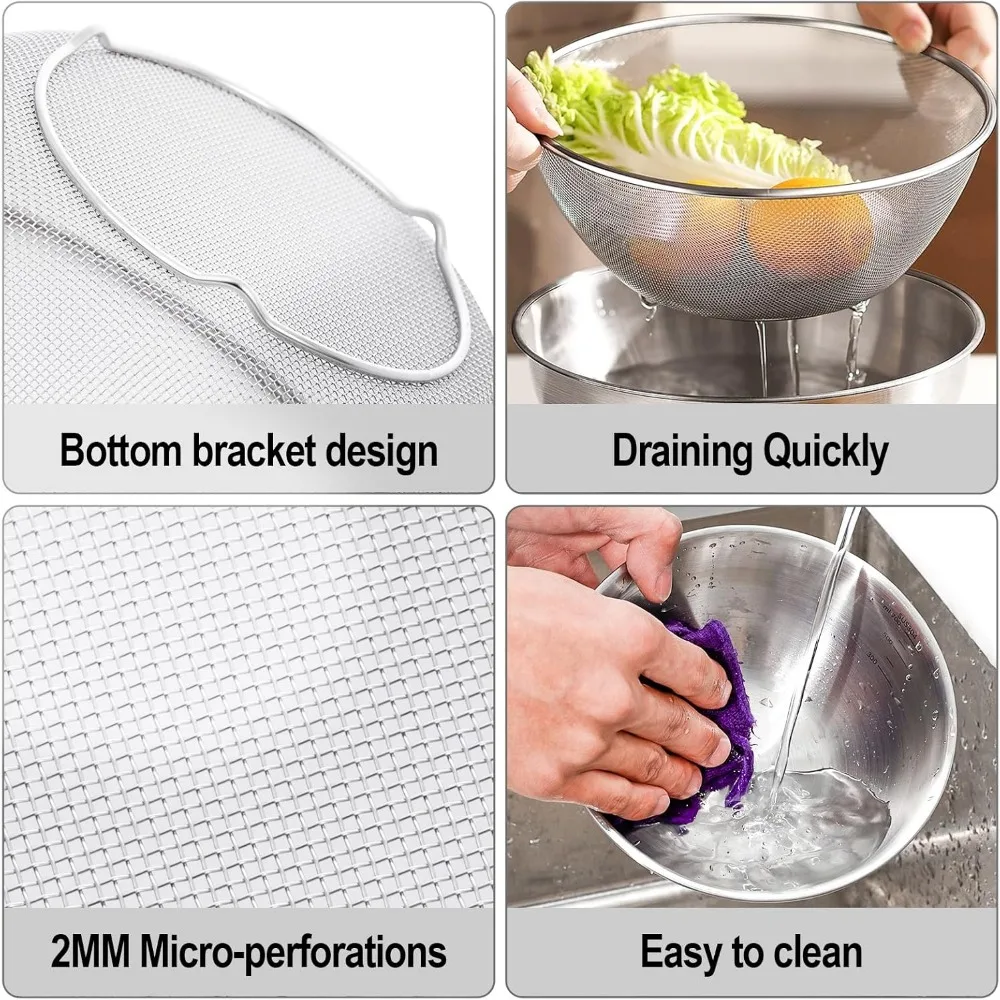 2 conjuntos de mini coador de aço inoxidável 304 com tigela microporosa, cestas de frutas de 1 qt, coador pequeno para frutas e morango