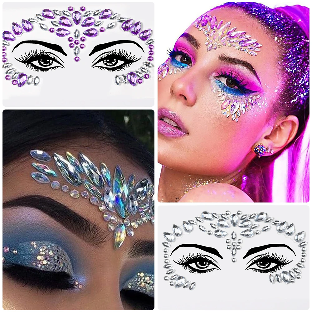 Pegatinas de tatuaje facial de diamantes de imitación 3D para Festival, joyería de maquillaje brillante, pegatina en la cara, cristales, gemas,