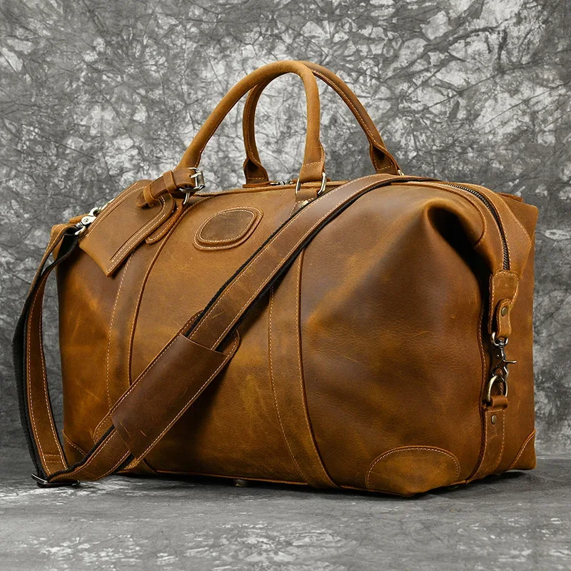 

Retro Genuine Leather Retro Large Capacity Men Leather Duffle Bag Vintage Shoulder Bag Cowhide Weekender Bag Man Totes Handbag