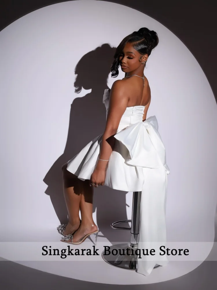 White A Line Mini Customized Prom Dresses Strapless Corset Bow Homecoming Gowns Short Satin Women Formal Party Cocktail