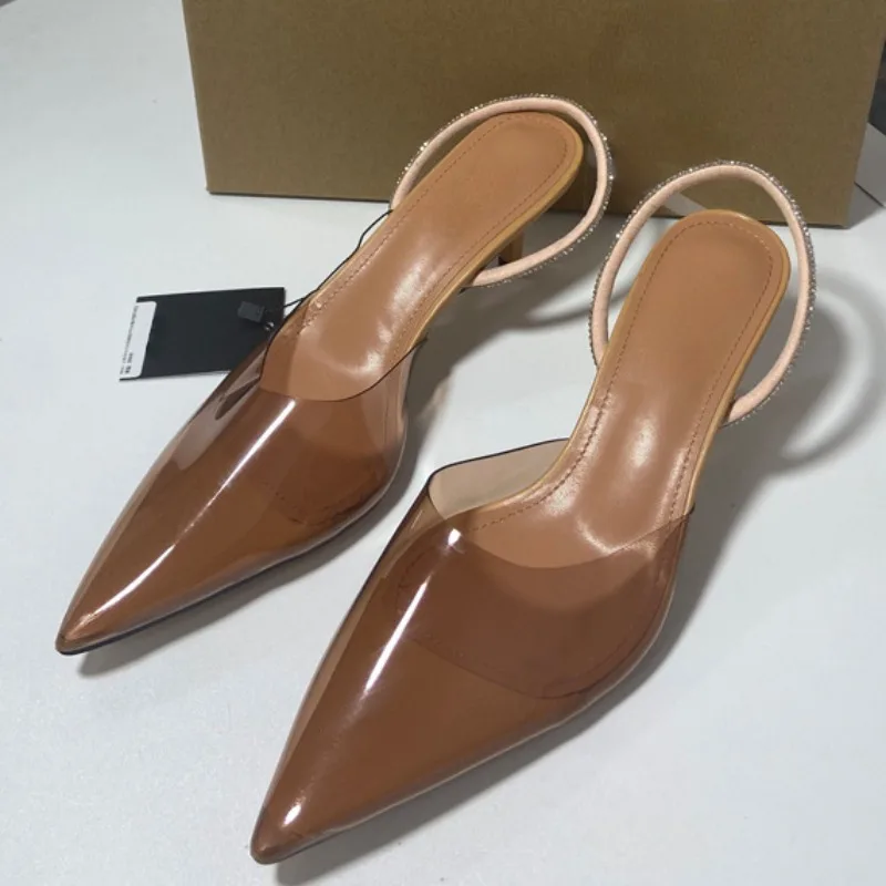 Fashion Pointed Ladies High Heels Sandals Shiny Diamond Slingback Women's Designer Shoes Transparent PVC 2024 Summer Footwear