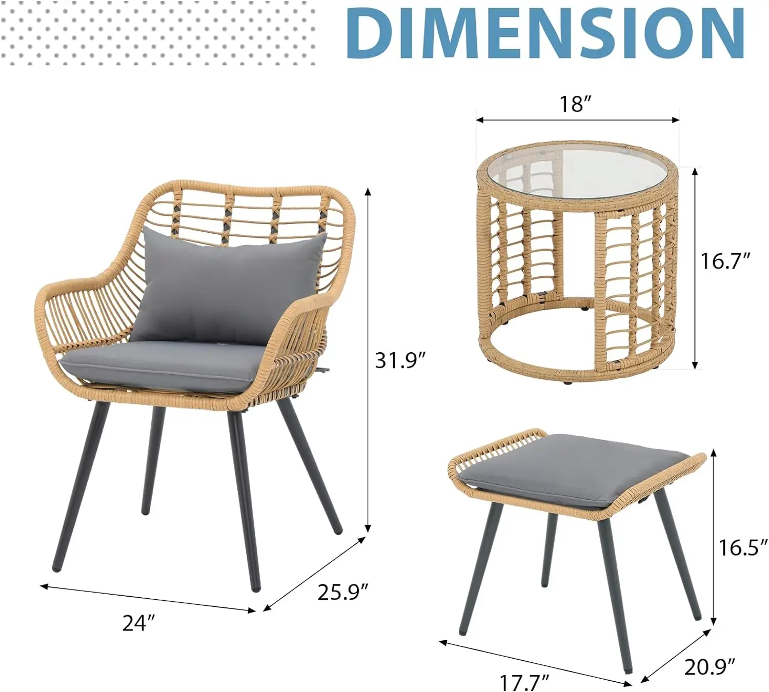 JOIVI 5 Piece Patio Bistro Set, Wicker Outdoor Patio Set with Upgraded Chairs and Ottomans, Round Glass Top Coffee Side Table, P