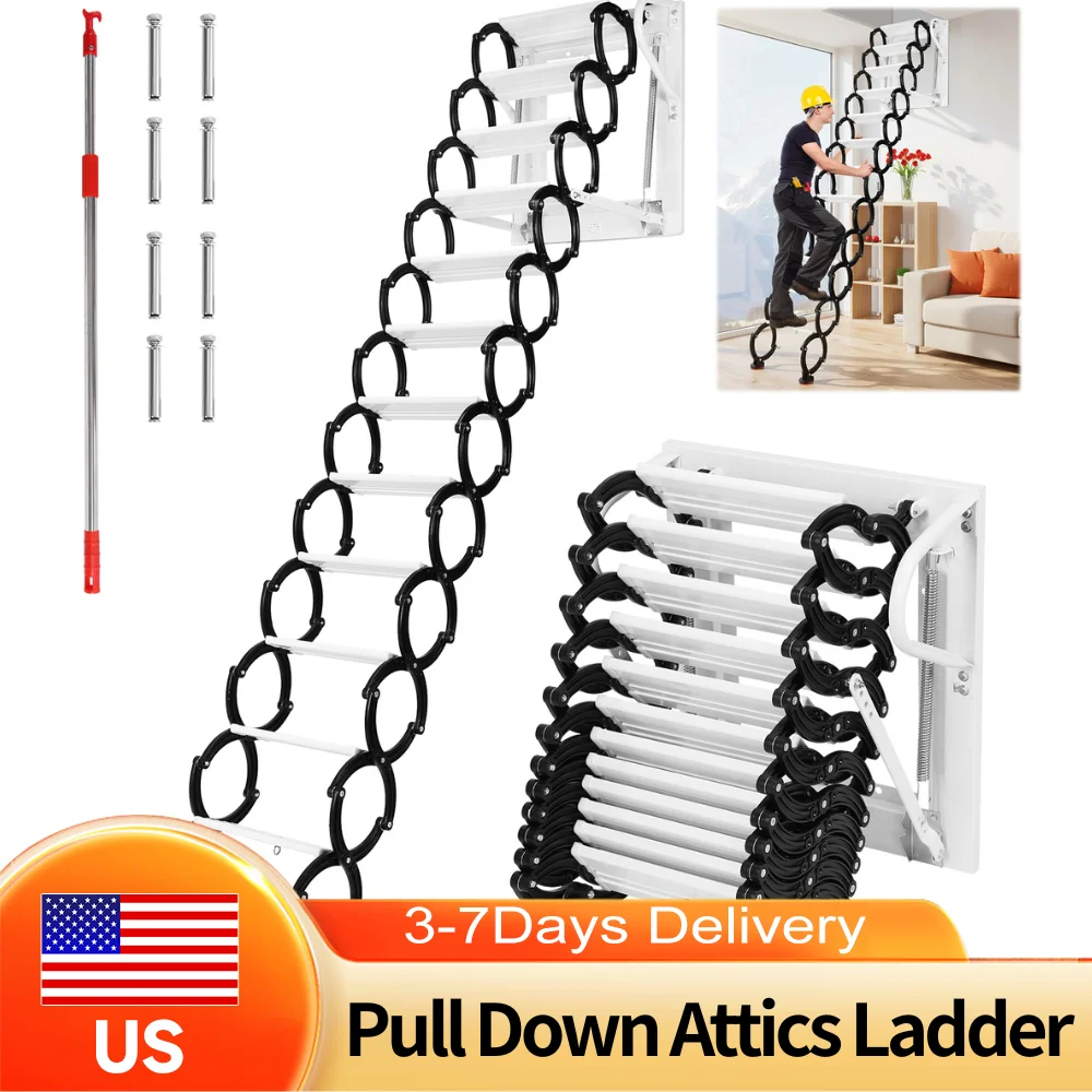 

12 Steps Electric Invisible Ceiling Mount Attic Ladder Aluminum Alloy Folding Loft Stairs Anti Slip Wide Pedals for Attic Garage