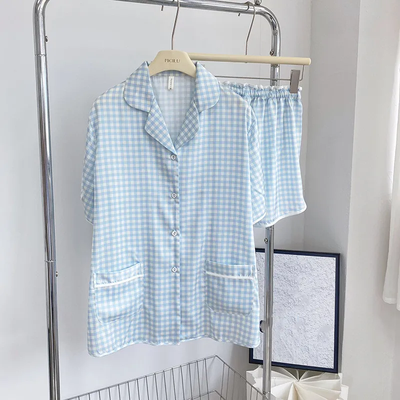 

Blue Plaid Satin Female Pajamas Set Short Sleeve Shorts Sleepwear Summer Nightwear Pijamas Suit Casual Loungewear Pyjama