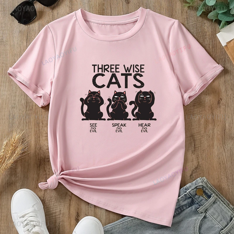 Three Smart KittensFunny and Cute Cat Cartoon Print Fashion Style Trend Clothes Women Short Sleeve Summer Casual Cotton T-shirt