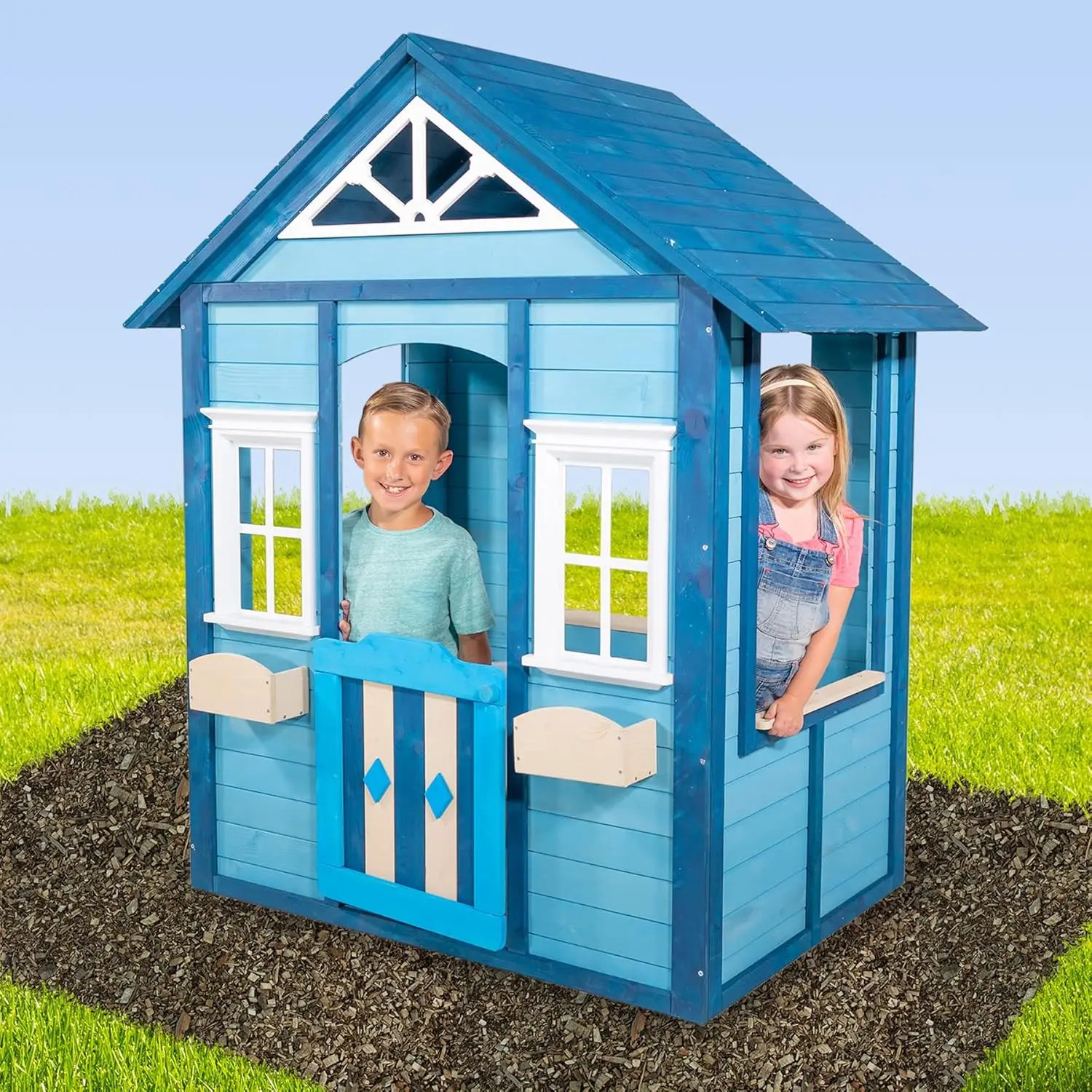 Woodbridge Wooden Outdoor Backyard Playhouse With Flower Boxes, Blue