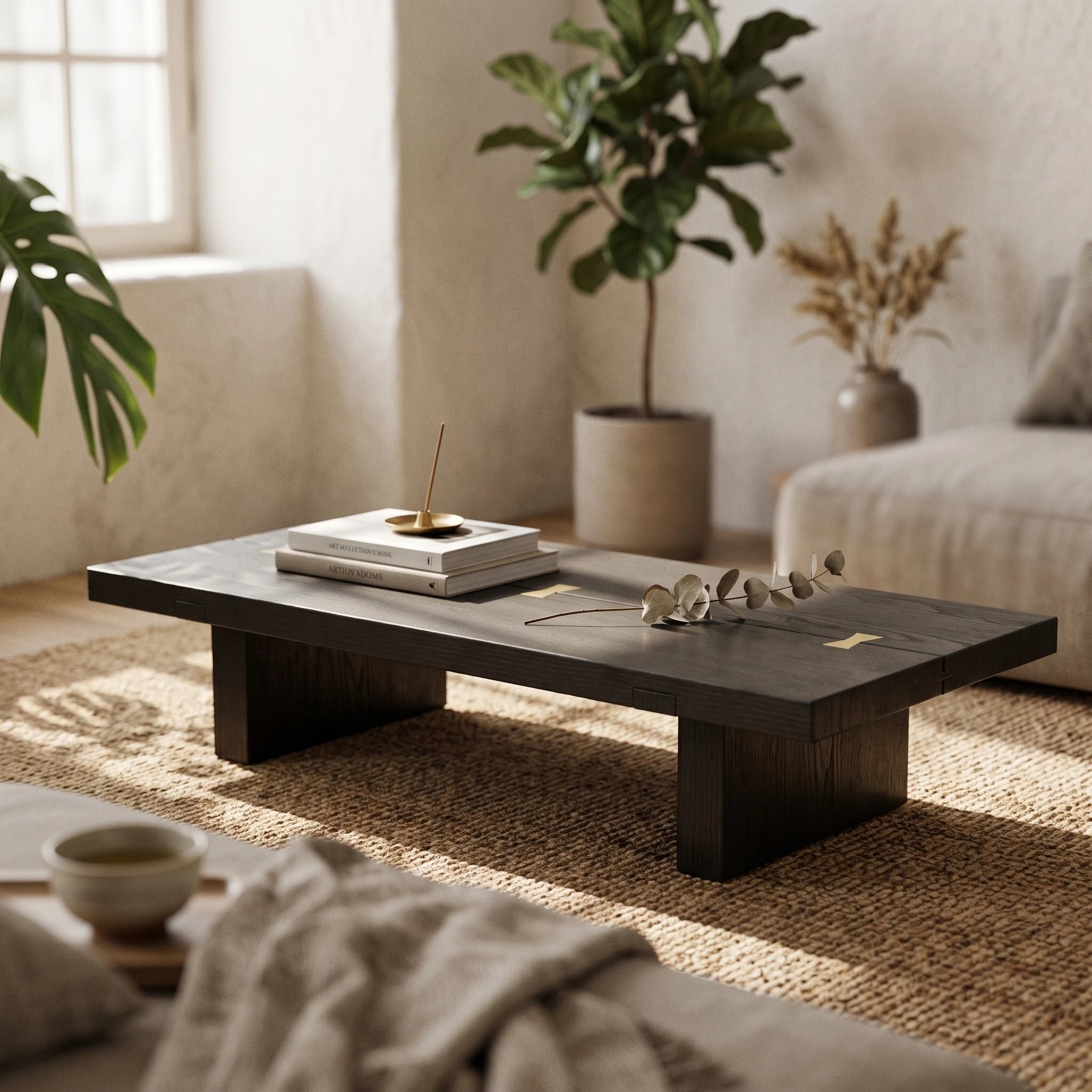 Table with Brass Inlay Solid Wood Low Tea Table Furniture Space-Saving Long-Lasting for Small Rooms