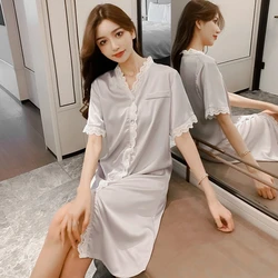 Female Silk Cardigan Solid Nightdress Sexy Lace Ladies Half Sleeve Satin Nightgown Chemise Femme Night Shirt Home Wear Sleepwear