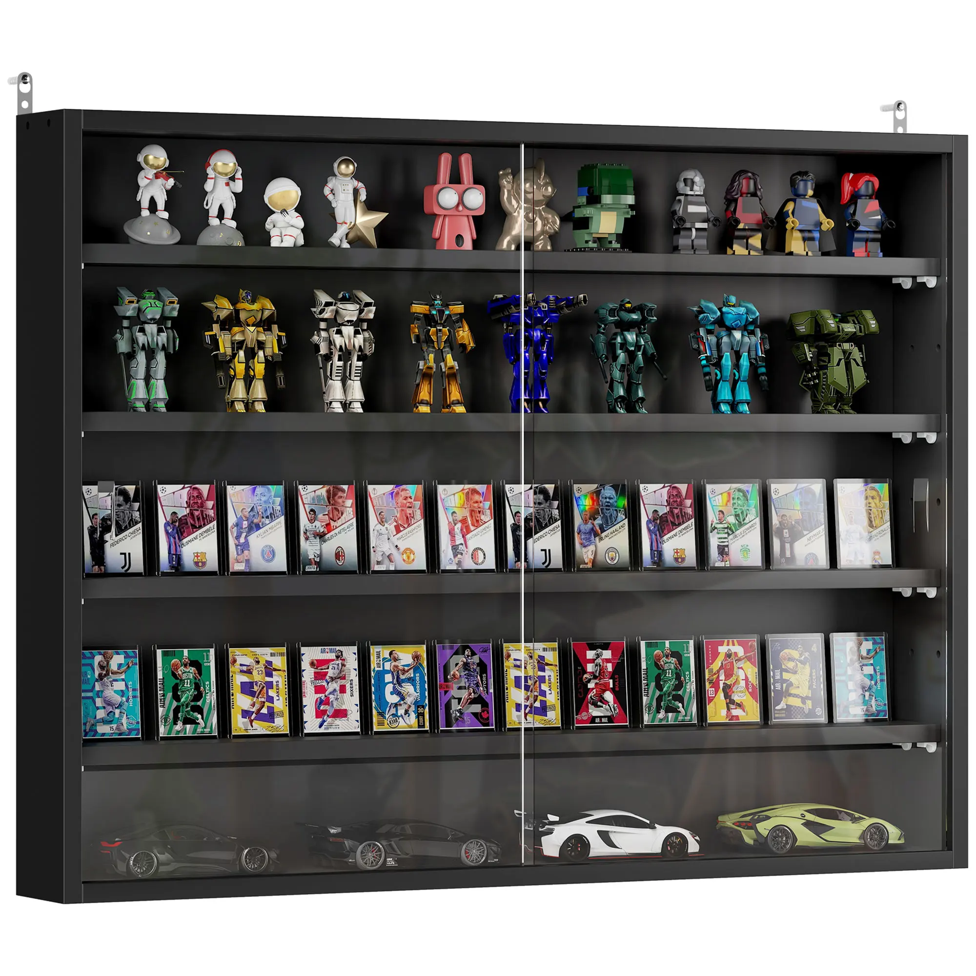 HOMCOM Vitrine pour collection vitrine murale 80 x 9,5 x 60 cm avec 4 étagères réglables en hauteur et 2 portes coulissantes en verre, pour collection de figurines et voitures miniatures, noir