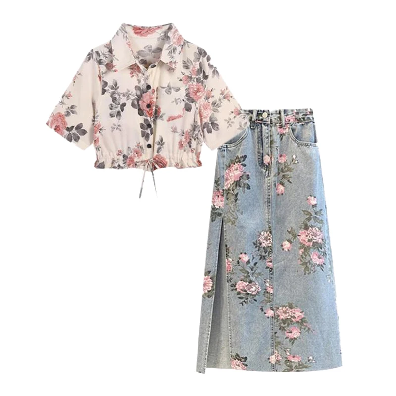 Summer Salt Series Street Sle  ort Floral Top Slimming Denim  Skirt Two Piece Set Women's Faion Ensemble