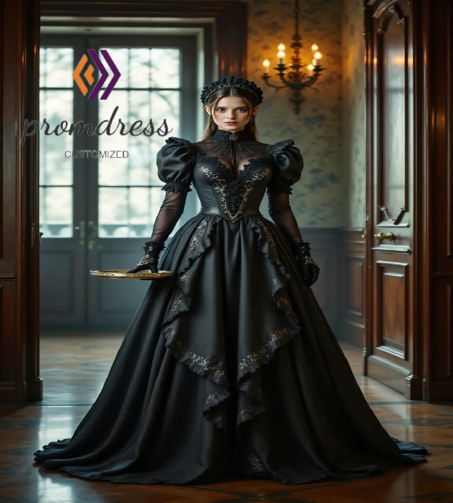 

Witchy Costume Black Evening Dress Gothic Medieval A Line Prom Dress Elegant Antique Formal Party Gowns Enchantress Tudor Dress